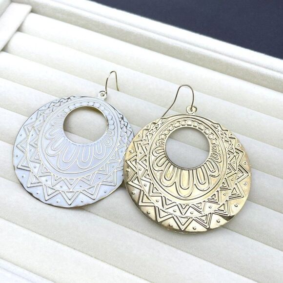 Yellow Gold with White Enamel Boho Aztec Pattern Round Dangling Hook Earrings - Picture 7 of 9